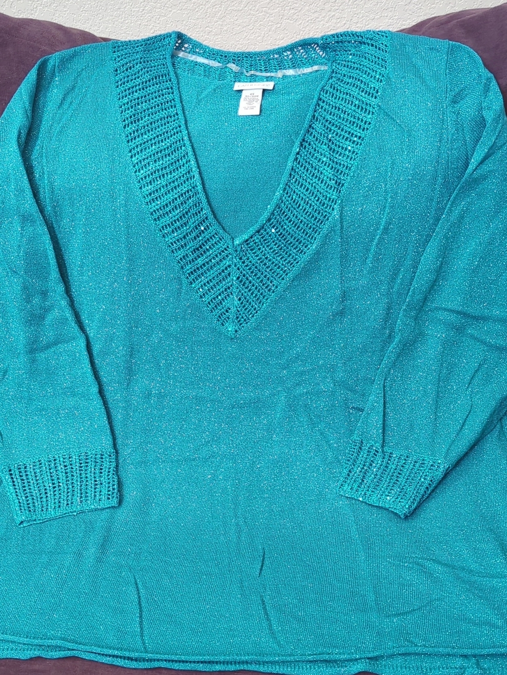Catherines Teal V-Neck Shimmer Pullover Sweater